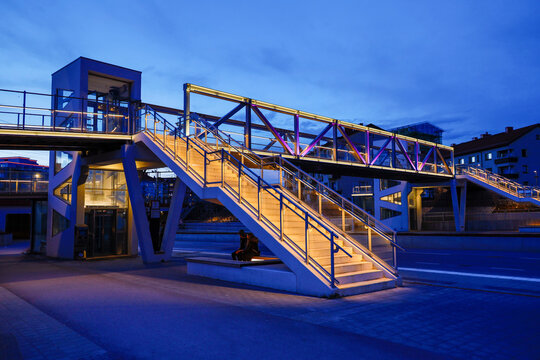 Halmstad, Sweden, A pedestrian bridge over a busy street in downtown.