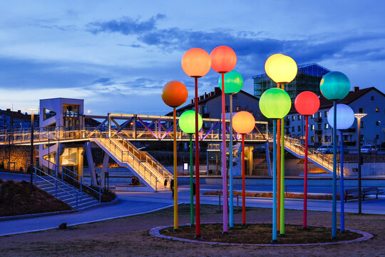Halmstad, Sweden, The modern travel center and main bus stop in the center of town, and a pin sculpture that represents pins on a map.