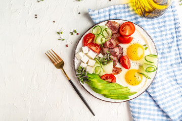 Healthy nutritious paleo keto breakfast diet Fried eggs, bacon, avocado, cheese and fresh salad. Keto breakfast or lunch. banner, catering menu recipe place for text, top view