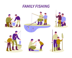 Set of vector illustrations of family fishing. Father and son are fishing. Flat cartoon style. Isolated on a white background.