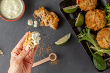 made with blue crab caught in Chesapeake bay, Crab cake is a favorite dish in the state of Maryland. Meat is mixed with sauces, crumbles, seasoning and vegetables and shaped in to patties to grill