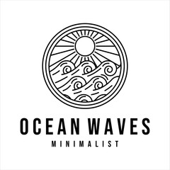 ocean waves line art logo vector illustration template design. sea wave with sun badge icon creative design
