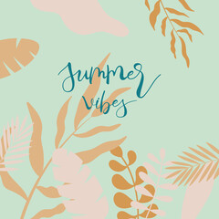 Summer card with leaves and lettering text