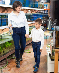 Young mother with preteen son choosing tropical fish for home aquarium in pet shop