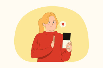 Displeased young woman showing stop gesture with palm to chocolate bar concept