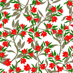 Seamless floral pattern. Flowers and branches of a pomegranate tree. Vector.