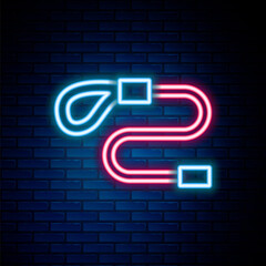 Obraz premium Glowing neon line Retractable cord leash with carabiner icon isolated on brick wall background. Pet dog lead. Animal accessory for outdoors walk. Colorful outline concept. Vector
