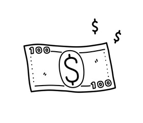 100 dollar paper bill money doodle, a hand drawn vector doodle illustration of a money with dollar currency symbol, isolated on white background.