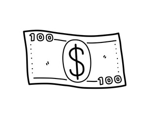 100 dollar paper bill money doodle, a hand drawn vector doodle illustration of a money with dollar currency symbol, isolated on white background.