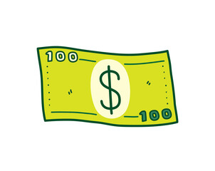 100 dollar paper bill money, a hand drawn vector doodle illustration of a money with dollar currency symbol, isolated on white background.