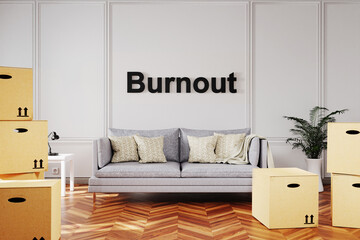 elegant living room interior with stacks of moving boxes and vintage sofa; burnout stress concept; 3D Illustration