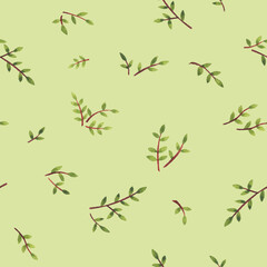 Floral seamless pattern with small green twigs for fashion fabric. Ditsy print. Watercolor hand drawn painting illustration isolated on green background