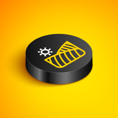 Isometric line Agriculture wheat field farm rural nature scene landscape icon isolated on yellow background. Black circle button. Vector