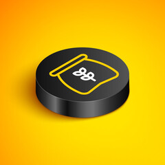 Isometric line Bag of flour icon isolated on yellow background. Black circle button. Vector