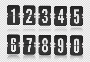 Vector template with flip scoreboard numbers and with reflections floating on different heights for black countdown timer or calendar on transparent background