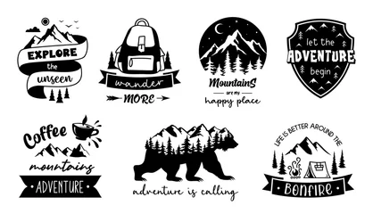 Foto op Plexiglas Adventure emblems, signs and labels. Set of travel, camping and adventure vector designs with quote. Wanderlust symbols, badge. © Ansty art