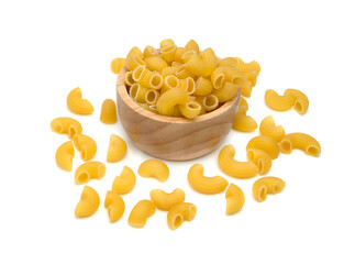 raw macaroni pasta with wooden bowl isolated on white background