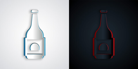 Paper cut Beer bottle icon isolated on grey and black background. Paper art style. Vector