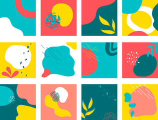 Social Media TEMPLATES of abstract shapes and botanical flower  in  multicolors. Modern shapes and hand drawn line, leaves. 