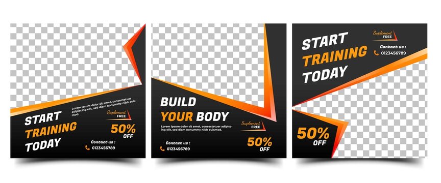 Gym, Fitness, and Workout Social Media Post Template. Modern Banner Design With Abstract Orange Shape And Place For The Photo. Usable For Social Media Post, Flyers, Signs, Banners, And Website.