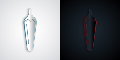 Paper cut Hot chili pepper pod icon isolated on grey and black background. Design for grocery, culinary products, seasoning and spice package, cooking book. Paper art style. Vector