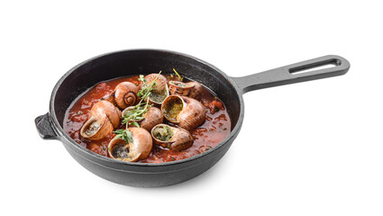 Frying pan with tasty snails on white background