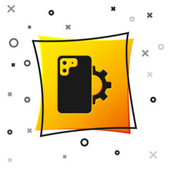 Black Phone repair service icon isolated on white background. Adjusting, service, setting, maintenance, repair, fixing. Yellow square button. Vector