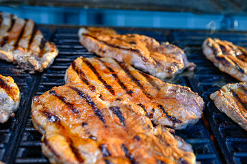 evening bbq of tenderloin meat on grill