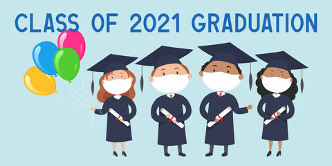 Class of 2021 graduation. Students in masks. Vector illustration.