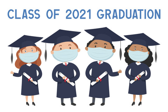 Class of 2021 graduation. Students in protective masks. Vector illustration.