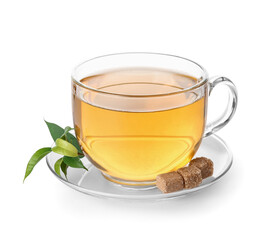 Cup of green tea on white background