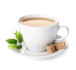 Cup of green tea on white background
