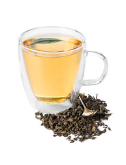 Cup of green tea and dry leaves on white background