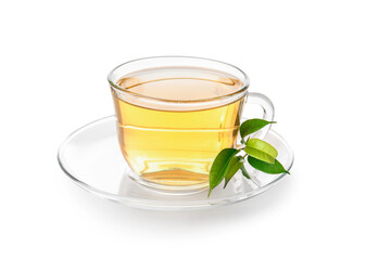 Cup of green tea on white background