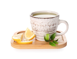 Tray with cup of green tea on white background