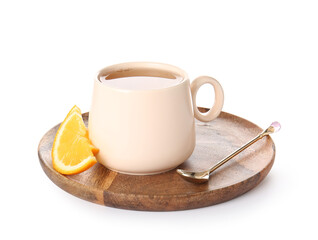 Tray with cup of green tea on white background