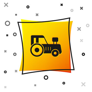 Black Tractor icon isolated on white background. Yellow square button. Vector