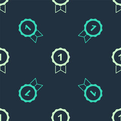 Fototapeta premium Green and beige Dog award symbol icon isolated seamless pattern on blue background. Medal with dog footprint as pets exhibition winner concept. Vector
