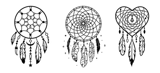 Set of dream catcher designs. Tribal indian symbol. Ethnic vector illustration. Dreamcatchers silhouette. Boho style print. Outline sign threads, beads and feathers. Native american design.