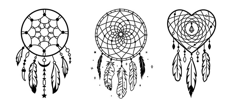 Set of dream catcher designs. Tribal indian symbol. Ethnic vector illustration. Dreamcatchers silhouette. Boho style print. Outline sign threads, beads and feathers. Native american design.