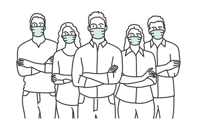Group of business people in protection mask standing with arms crossed in a row.