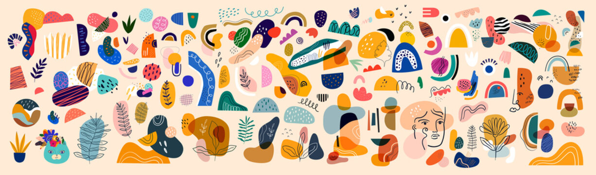 Decorative Abstract Collection With Abstract Shapes Colourful Doodles. Hand-drawn Modern Shapes