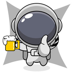 cartoon illustration of astronaut mascot character drinking beer