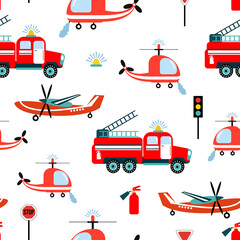 Seamless pattern with fire trucks, helicopter, airplane. Design for fabrics, textiles, wallpaper, packaging, children's room decoration.	