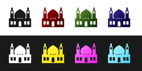Set Muslim Mosque icon isolated on black and white background. Vector