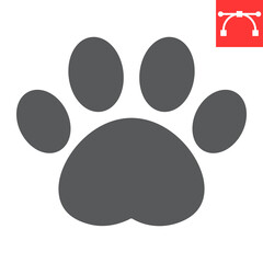 Paw print glyph icon, pet and foot, dog paw footprint vector icon, vector graphics, editable stroke solid sign, eps 10.