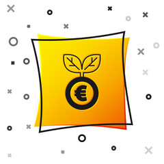 Black Euro plant icon isolated on white background. Business investment growth concept. Money savings and investment. Yellow square button. Vector