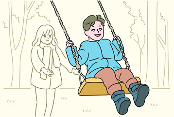 A boy is riding on a swing. hand drawn style vector design illustrations. 