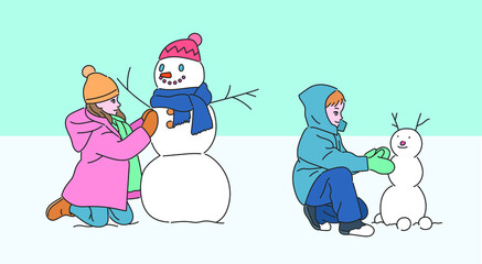 The children are making a cute snowman. hand drawn style vector design illustrations. 