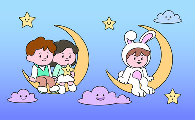 A couple and a rabbit are sitting on a crescent moon. hand drawn style vector design illustrations. 